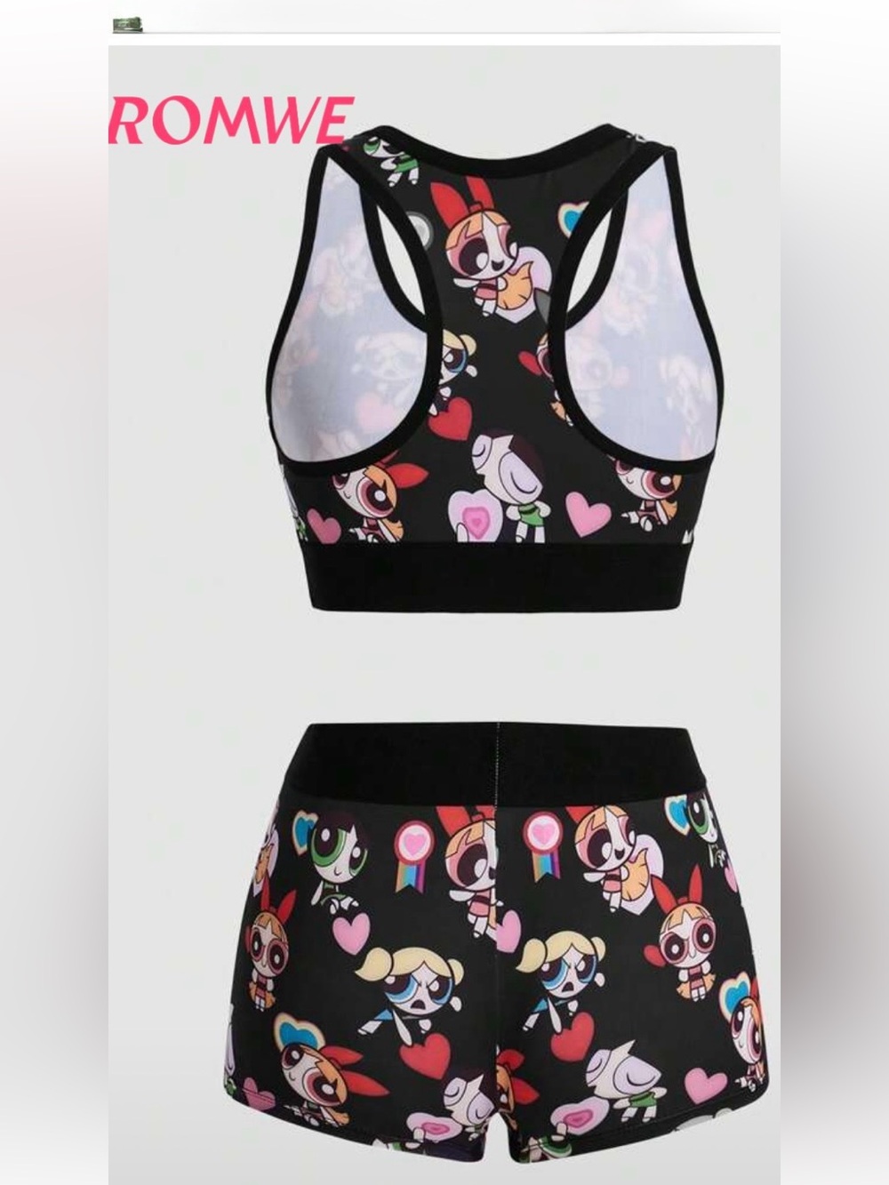 ROMWE Black Powerpuff Girls Cartoon Sports Bra and Shorts Set - Picture 2 of 2